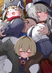  1boy 3girls anna_(blue_archive) black_gloves black_necktie black_pantyhose blue_archive blue_halo bow bowtie breasts closed_eyes coat doodle_sensei_(blue_archive) drooling earmuffs erina_(blue_archive) fur_hat gloves grey_hair halo hat highres hitotose_rin jacket large_breasts long_hair multiple_girls necktie open_mouth pantyhose papakha purple_halo rana_(blue_archive) red_bow red_bowtie red_halo red_scarf scarf sensei_(blue_archive) shirt short_hair sleeping sleeping_on_person violet_eyes white_shirt 