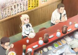  1girl 3boys anime_coloring aroused artist_name black_bow black_bowtie black_shirt black_skirt blunt_bangs blush bow bowl bowtie chair chopstick_rest chopsticks commentary_request company_name copyright_logo dress_shirt eating food from_above glass hair_bow headscarf holding holding_bowl holding_chopsticks holding_phone koizumi_(ramen_daisuki_koizumi-san) logo long_sleeves looking_up multiple_boys necktie noodles nose_blush official_art on_chair open_mouth phone ponytail ramen ramen_daisuki_koizumi-san red_bow red_eyes school_uniform shirt short_hair sitting skirt sleeves_rolled_up spice_rack table water wavy_hair white_shirt wide_shot 