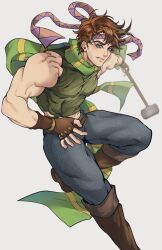  1boy absurdres aqua_eyes battle_tendency belt boots brown_belt brown_boots brown_gloves brown_hair commentary_request denim eyelashes fingerless_gloves gloves green_scarf green_shirt hammer hands_on_own_hips headband highres holding holding_hammer holding_weapon jeans jojo_no_kimyou_na_bouken joseph_joestar joseph_joestar_(young) jyogi3332 korean_commentary male_focus muscular muscular_male pants scarf shirt short_hair simple_background solo weapon white_background 