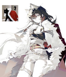  1girl alternate_costume animal_ear_fluff animal_ears arknights belt black_cape black_cat black_hair black_shirt cape cat chain closed_mouth cowboy_shot fur-trimmed_cape fur_trim hair_between_eyes highres holding holding_sword holding_weapon long_hair looking_at_viewer o-ring o-ring_thigh_strap paizi_gou_ling_yuan_gou photo_inset reference_inset shirt shorts simple_background solo standing sword texas_(arknights) thigh_strap weapon wolf_ears wolf_girl 