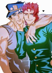  2boys black_hair black_hat blush buttons cherry_earrings closed_mouth commentary_request ear_piercing earrings eyelashes food-themed_earrings green_eyes grey_tank_top hand_on_another's_chin hand_on_another's_shoulder hat heart highres jewelry jojo_no_kimyou_na_bouken kakyoin_noriaki kujo_jotaro multiple_boys one_eye_closed peaked_cap piercing pu_ukatsu red_hair school_uniform short_hair simple_background stardust_crusaders tank_top violet_eyes white_background 