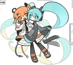  2girls a.i._voice adachi_rei aqua_eyes aqua_hair boots closed_mouth commentary_request ddamma_o3o hand_up hatsune_miku highres hug hug_from_side jacket korean_commentary long_sleeves looking_at_another miniskirt multiple_girls open_clothes open_jacket open_mouth orange_eyes orange_hair skirt sleeves_past_fingers sleeves_past_wrists smile thigh_boots twintails utau vocaloid 