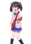  1girl black_hair blush bow cardigan electric_guitar guitar hair_bow instrument looking_at_viewer love_live!_school_idol_project miyako_hito open_mouth red_eyes school_uniform short_hair skirt smile solo sweater twintails yazawa_nico 