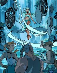  2boys 2girls anklet armlet atlantis:_the_lost_empire bandeau blonde_hair blue_bandeau blue_tube_top commentary crystal_necklace dark-skinned_female dark_skin english_commentary facial_tattoo gun helga_sinclair holding holding_gun holding_weapon jewelry kidagakash milo_james_thatch multiple_boys multiple_girls rogerwitt strapless tattoo tube_top weapon 
