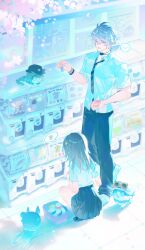  1boy 1girl absurdres animalization annann_nna antenna_hair black_choker black_pants black_shoes bubbles_(honkai:_star_rail) charm_(object) chimera_(honkai:_star_rail) choker chrysos_heirs_school_uniform collared_shirt commentary contemporary eyewear_on_head gashapon glasses grey_hair highres holding holding_charm honkai:_star_rail honkai_(series) long_hair necktie pants person_and_animalization phainon_(honkai:_star_rail) phainon_(vigethos)_(honkai:_star_rail) pleated_skirt school_uniform shirt shoes short_hair short_sleeves skirt speech_bubble spoken_symbol squatting stelle_(honkai:_star_rail) striped_clothes striped_necktie trailblazer_(honkai:_star_rail) untranslatable_commentary untucked_shirt white_hair white_shirt white_shoes 