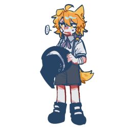  ... 1girl ahoge alternate_costume animal_ears bandaged_arm bandages big_bad_wolf big_bad_wolf_(cosplay) black_hat black_shoes blonde_hair bow braid brown_shorts collared_shirt cosplay fang full_body hair_bow hat highres holding holding_unworn_clothes holding_unworn_hat kemonomimi_mode kirisame_marisa l_fzxxxx little_red_riding_hood_(fairy_tale) long_hair missing_headwear neck_ribbon one_ear_down open_mouth purple_bow purple_ribbon ribbon shirt shoes short_sleeves shorts side_braid simple_background single_braid solo spoken_ellipsis suspender_shorts suspenders sweatdrop tail touhou unworn_hat unworn_headwear white_background white_bow white_shirt witch_hat wolf_ears wolf_girl wolf_tail 