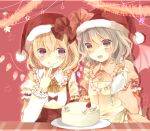  2girls adapted_costume apron arm_warmers bat_wings blonde_hair blush bow cake dress eating finger_to_mouth flandre_scarlet food food_on_face fruit hat licking_lips multiple_girls open_mouth pink_dress pink_eyes puffy_sleeves red_dress remilia_scarlet santa_hat senju_(uroakono) short_sleeves silver_hair smile strawberry touhou whipped_cream wings 