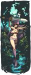  1girl alex_ahad bare_shoulders boots breasts cleavage crossed_legs_(standing) dappled_sunlight forest full_body knee_boots nature navel outstretched_hand pink_hair short_shorts shorts signature skull slender_waist solo sword tattoo weapon 
