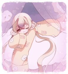  1girl animal_print blonde_hair cloud_print clouds commentary_request curtains hair_ornament highres long_hair lying magical_girl mahou_shoujo_ikusei_keikaku mahou_shoujo_ikusei_keikaku_unmarked multicolored_hair namekolovelove nemurin on_stomach one_eye_closed pajamas purple_hair rabbit_print socks violet_eyes white_socks 