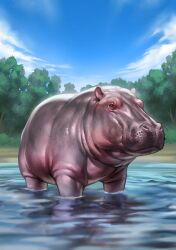  animal animal_focus animalization artist_request black_eyes closed_mouth clouds cloudy_sky colored_skin grey_skin hippopotamus hippopotamus_(kemono_friends) kemono_friends no_humans official_art outdoors pink_skin recursive_animalization shiny_skin sky tree wading wet 