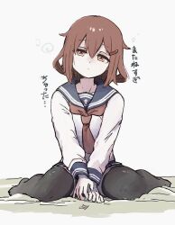  1girl anchor_symbol black_sailor_collar black_skirt black_thighhighs blush brown_eyes brown_hair commentary full_body hair_between_eyes hair_ornament hairclip ikazuchi_(kancolle) kantai_collection neckerchief pleated_skirt red_neckerchief sailor_collar school_uniform serafuku short_hair simple_background sitting skirt solo thigh-highs unagiman untranslatable_commentary wariza white_background 