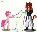  1boy blue_eyes crossed_arms crossover cutie_mark dragon_ball dragon_ball_z gogeta happy monkey_tail muscle my_little_pony my_little_pony_friendship_is_magic pink_hair pinkie_pie pony redhead smile spiky_hair tail 