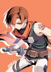  1boy arm_tattoo arm_wrap artist_name bare_shoulders belt black_shirt brown_belt brown_gloves brown_hair closed_mouth commentary cowboy_shot curtained_hair dated drop_shadow eiyuu_densetsu fingerless_gloves floating_scarf gloves hair_between_eyes highres holding holding_sword holding_weapon joshua_bright leaning_forward leather leather_belt leather_gloves looking_at_viewer male_focus official_alternate_color orange_background orange_scarf pants parted_bangs red_eyes reverse_grip scarf shirt short_hair shoulder_tattoo simple_background sleeveless sleeveless_shirt solo sora_no_kiseki sora_no_kiseki_sc sword tattoo untranslatable_commentary v-shaped_eyebrows weapon white_pants willfin 