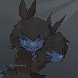  artist_name black_fur blue_fur covered_eyes grey_background highres looking_at_viewer multiple_heads no_humans nouilleverse pokemon pokemon_(creature) solo sweatdrop two-tone_fur upper_body zweilous 