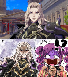  !? 1boy 1girl armor asymmetrical_bangs black_armor black_cape blonde_hair cape constricted_pupils dark-skinned_female dark_skin diagonal_bangs dietrich_gregor_lamine evil_smile fire_emblem fire_emblem:_fortune's_weave game_screenshot_inset halvin_(fire_emblem) highres kicdon long_hair open_mouth own_hands_together parted_hair pauldrons purple_hair scared screenshot_inset shoulder_armor smile solid_eyes surprised turn_pale twintails wavy_hair 