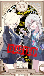  2girls absurdres animal_ear_fluff animal_ears artist_name blonde_hair blue_archive blue_eyes blue_halo blue_jacket blue_necktie blue_shirt blue_skirt breasts card_(medium) caution_tape collared_shirt commentary cuffs cup disposable_cup dog_ears dog_girl english_text floral_print floral_print_shirt goanchor grey_eyes grey_hair grey_halo grey_jacket gun hair_over_one_eye halo handcuffs handgun hawaiian_shirt highres holding holding_gun holding_handcuffs holding_weapon jacket judgement_(tarot) kanna_(blue_archive) konoka_(blue_archive) large_breasts long_hair long_sleeves looking_at_viewer loose_necktie mask mask_pull miniskirt mouth_mask mug multiple_girls necktie notched_ear open_collar pencil_skirt pleated_skirt police police_uniform policewoman print_shirt roman_numeral sharp_teeth shirt skirt surgical_mask tarot tarot_(medium) teeth twitter_username weapon white_mask 