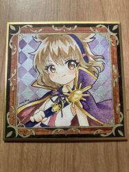  1girl brown_eyes brown_hair cape checkered_background closed_mouth commentary_request highres holding holding_sword holding_weapon looking_at_viewer mosho purple_cape sheath sheathed shikishi shirt short_hair sleeveless sleeveless_shirt smile solo sword touhou toyosatomimi_no_miko traditional_media ub weapon 