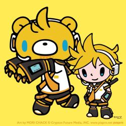  2boys animal_ears aqua_eyes bear bear_ears bear_paws black_sailor_collar blonde_hair commentary_request copyright_notice cosplay gloomy_bear headphones headset itazuraguma_no_gloomy kagamine_len kagamine_len_(cosplay) leg_warmers mori_chack multiple_boys official_art ponytail sailor_collar short_ponytail simple_background vocaloid yellow_background 