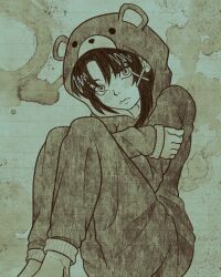  1girl animal_costume animal_ears animal_hood asymmetrical_hair barefoot bear_costume bear_ears bear_hood blush brown_hair cryptidhermit hair_ornament highres hood iwakura_lain lined_paper looking_at_viewer onesie paper_background self_hug sepia serial_experiments_lain single_sidelock sitting solo stained_background x_hair_ornament 