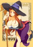  1girl breasts cleavage dragon&#039;s_crown hat highres huge_breasts long_hair looking_at_viewer red_eyes redhead sash smile solo sorceress_(dragon&#039;s_crown) staff wide_hips witch_hat 