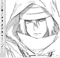 1boy art_program_in_frame closed_mouth greyscale hair_between_eyes highres hood hood_up looking_at_viewer male_focus monochrome naruto:_the_last naruto_(series) ringed_eyes rinnegan sharingan short_hair simple_background solo sso_s uchiha_sasuke white_background 