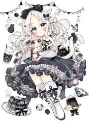  2girls :i animal_ear_fluff animal_ears artist_name black_bow black_ribbon black_skirt blush boots bow cat_ears cat_girl cat_tail closed_mouth collared_shirt commentary_request copyright_name fold-over_boots frilled_skirt frills fushigi_na_neko_no_machi_meltier grey_bow grey_eyes grey_nails grey_shirt hair_bow highres lace-up_boots long_hair long_sleeves moco_(fushigi_na_neko_no_machi_meltier) multiple_girls nail_polish neck_ribbon parted_bangs pennant pink_hair pout ribbon sakura_oriko shirt simple_background skirt star_(symbol) string_of_flags suzu_(fushigi_na_neko_no_machi_meltier) tail tail_bow tail_ornament tears very_long_hair white_background white_boots white_hair wide_sleeves 