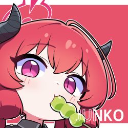  1girl absurdres artist_name black_horns blue_archive character_name commentary_request dango demon_girl demon_horns food food_in_mouth halo highres horns jorang_(jorang08) junko_(blue_archive) korean_commentary long_hair looking_at_viewer mouth_hold portrait red_background red_hair red_halo simple_background slit_pupils solo twintails violet_eyes wagashi 