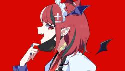  1girl artist_request bandaid bandaid_on_neck bat_wings black_hair black_mask commentary_request cone_hair_bun detached_wings double_bun ear_piercing fangs from_side hair_bun hair_ornament hairclip head_wings jewelry looking_at_viewer maid_headdress mask mask_pull medium_hair mole mole_under_eye mouth_mask multicolored_hair necktie official_art open_mouth piercing profile red_background red_eyes red_hair red_necktie ring shirt solo teeth upper_body upper_teeth_only vampire vampire_(vocaloid) virtual_youtuber white_hair white_shirt wings yamiyo_mea zonchuu_zombie_jk_wa_game_haishinchuu 