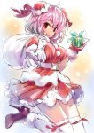  1girl alternate_costume bandages box breasts bun_cover christmas double_bun gift gift_box gloves hat high_heels ibaraki_kasen looking_at_viewer matsuda_(matsukichi) pink_eyes pink_hair rough sack santa_costume santa_hat short_hair smile solo thighhighs touhou white_legwear 