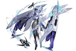  1girl absurdres akashic_chronicle blue_eyes blue_hair breasts closed_mouth commentary_request full_body high_heels highres horns humanoid_robot joints looking_at_viewer mechanical_horns medium_breasts mobile_legends:_bang_bang official_art robot robot_girl robot_joints skin_seams solo white_background wide_sleeves xeno_(mobile_legends) zhu_fun 