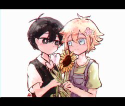  2boys alternate_costume antenna_hair basil_(faraway)_(omori) basil_(omori) black_eyes black_hair black_sweater_vest blonde_hair blue_eyes blue_overalls bright_pupils collared_shirt commentary_request double-parted_bangs flower green_shirt hair_between_eyes hair_flower hair_ornament highres holding holding_flower letterboxed looking_at_another male_focus multiple_boys omori overalls sakakien shirt short_hair short_sleeves sidelocks simple_background sunflower sunny_(omori) sweater_vest t-shirt tulip white_background white_flower white_pupils white_shirt white_tulip 