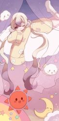  1girl absurdres animal_print blonde_hair cloud_print clouds crescent_moon curtains highres long_hair lying magical_girl mahou_shoujo_ikusei_keikaku mahou_shoujo_ikusei_keikaku_unmarked moon multicolored_hair namekolovelove nemurin on_stomach one_eye_closed pajamas purple_hair rabbit_print socks sun violet_eyes white_socks 