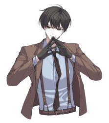  1boy black_gloves black_hair black_necktie blue_shirt brown_jacket collared_shirt commentary dreaming_nozomu gloves jacket kim_dokja long_sleeves looking_to_the_side male_focus necktie omniscient_reader's_viewpoint open_clothes open_jacket shirt short_hair smirk solo steepled_fingers suit_jacket 