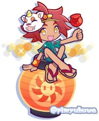  1boy :d alternate_costume aqua_kimono aqua_shorts candy_apple circlet commentary_request crossed_ankles dark-skinned_male dark_skin floral_print floral_print_kimono food full_body holding holding_candy_apple holding_food japanese_clothes kimono lantern male_focus mask mask_on_head official_style outstretched_arm paper_lantern pimyuhuwa print_kimono print_shorts puyopuyo puyopuyo_quest red_hair sandals short_hair short_kimono short_sleeves shorts simple_background sitting smile solo sparkle twitter_username white_background wristband yellow_eyes yoh_(puyopuyo) zouri 