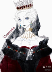  1girl absurdres blue_eyes closed_mouth commission crown dress earrings eyelashes highres jewelry looking_at_viewer mihuashi_commission nnnadaline original partially_colored red_dress short_hair solo upper_body veil watermark 