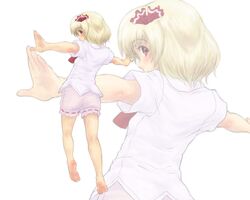  1girl barefoot blonde_hair bloomers blush feet hair_ribbon highres kuro_suto_sukii looking_at_viewer looking_back outstretched_arms red_eyes ribbon rumia short_hair solo touhou underwear zoom_layer 