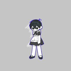  1boy antenna_hair bad_id bad_twitter_id black_eyes black_hair black_shoes blue_outline bright_pupils closed_mouth commentary_request crossdressing crossdressing_(mtf) double-parted_bangs enmaided full_body grey_background hair_between_eyes highres invisible_floor korean_commentary maid male_focus male_maid morivivi3 omori outline shoes short_hair short_sleeves simple_background solo standing sunny_(omori) thigh-highs video_thumbnail white_pupils white_thighhighs 