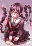  1girl dangan_ronpa frown fukawa_touko glasses highres liulu long_hair pink_eyes pink_hair school_uniform sitting skirt 