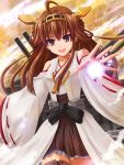  1girl ahoge bare_shoulders black_legwear blush brown_hair cannon detached_sleeves double_bun hair_ornament hairband haura_akitoshi headgear japanese_clothes kantai_collection kongou_(kantai_collection) long_hair nontraditional_miko open_mouth personification skirt smile solo thighhighs turret violet_eyes 