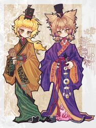  2girls alternate_costume bamboo_slips blonde_hair chinese_clothes chinese_commentary commentary_request dress green_dress green_sash hanfu highres jade_pendant matara_okina multiple_girls orange_robe peng_lai_gou_qi_zi pink_dress pink_sash purple_robe robe sash tassel touhou toyosatomimi_no_miko vase wide_sleeves xiao_guan_(headdress) yellow_eyes yuntouxie zhijupao 