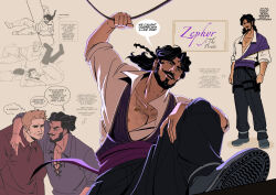  5boys arm_hair arrow_(symbol) beard belt black_belt black_hair black_pants blonde_hair braid character_name chest_hair collared_shirt commentary cup earrings english_commentary english_text facial_hair highres holding holding_cup jewelry multiple_boys mustache necklace nipples pants purple_sash ring sash shirt speech_bubble vintimage wren_(degrees_of_lewdity) wren_(male)_(degrees_of_lewdity) zephyr_(degrees_of_lewdity) zephyr_(male)_(degrees_of_lewdity) 
