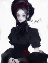  1girl absurdres black_bonnet black_bow black_dress black_hair black_shawl bonnet bow braid buttons chinstrap closed_mouth commission crown_braid dated dress expressionless flower flower_hairband frilled_sleeves frills gothic_lolita highres lolita_fashion long_sidelocks looking_at_viewer mihuashi_commission mole mole_above_eye nnnadaline original parted_bangs puffy_short_sleeves puffy_sleeves red_flower red_rose rose shawl short_hair short_sleeves sidelocks simple_background solo upper_body watermark white_background 