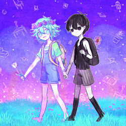  2boys antenna_hair backpack bag barefoot basil_(headspace)_(omori) basil_(omori) black_bag black_eyes black_hair black_socks black_tank_top blue_overalls blush brown_bag closed_mouth colored_skin commentary_request double-parted_bangs flower flower_wreath grass green_eyes green_hair green_shirt grey_shorts hair_between_eyes head_wreath highres holding holding_flower holding_hands kneehighs looking_at_another male_focus multiple_boys omori omori_(omori) open_mouth overall_shorts overalls purple_sky sakakien shirt short_sleeves shorts sidelocks sky smile socks striped_clothes striped_shorts sunflower t-shirt tank_top tulip vertical-striped_clothes vertical-striped_shorts watch watch white_flower white_skin white_tulip 