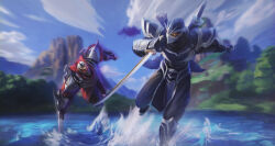  2boys 625285879 armor black_tabard blue_sky blurry blurry_background cape chasing chinese_commentary claw_(weapon) clouds commentary_request cuirass day forest gauntlets helm helmet highres holding holding_sword holding_weapon katana league_of_legends male_focus mask mountain mountainous_horizon mouth_mask multiple_boys nature ninja ninja_mask pauldrons red_cape red_eyes reverse_grip river running running_on_liquid shen_(league) shoulder_armor sky splashing sword sword_on_back tabard tree vambraces water waves weapon weapon_on_back yellow_eyes zed_(league) 