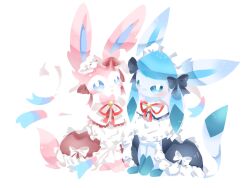  animal_focus blue_dress blue_eyes blue_fur bow capelet clothed_pokemon dress frills full_body glaceon glaceon_(tea_party) looking_at_viewer maid_headdress no_humans no_lineart pink_fur pokemon pokemon_(creature) pokemon_focus pokemon_unite red_dress red_ribbon ribbon runa_700 simple_background sitting sylveon two-tone_fur white_background white_bow white_capelet white_fur 