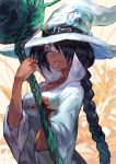  bandages black_hair braid green_eyes hat highres lack original plant staff witch witch_hat 