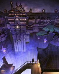  1other ambiguous_gender commentary_request fantasy highres lantern night original outdoors railing scenery short_hair solo somei_yoshinori stairs standing tree 