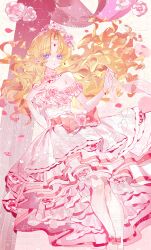  1girl :o ankle_bow anklet athanasia_de_alger_obelia bare_shoulders bead_bracelet beads blonde_hair bow bow_choker bowtie bracelet chinese_commentary choker circlet colored_eyelashes commentary_request commission dress dress_flower elbow_gloves expressionless eyes_visible_through_hair floating_hair flower frilled_choker frilled_dress frilled_sleeves frills full_body gloves gradient_background hand_on_own_chest highres jewelry knees light_particles long_dress long_hair looking_at_viewer luguo_gei_laonainai_yi_bazhang off-shoulder_dress off_shoulder outstretched_hand parted_bangs parted_lips pendant_earrings petals pillar pink_background pink_bow pink_bowtie pink_dress pink_flower pink_gloves pink_rose pink_shoes pink_theme pink_tiara princess rose sample_watermark shoes short_sleeves solo sparkle tiara too_many_watermarks two-tone_background very_long_hair violet_eyes waist_bow watermark watermark_grid wavy_hair white_choker who_made_me_a_princess yellow_background 
