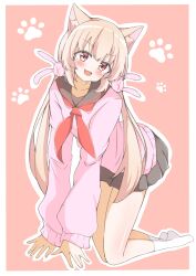  1girl :3 all_fours animal_ear_fluff animal_ears ankle_socks black_sailor_collar black_skirt blonde_hair blush cat_ears cat_girl collarbone commentary_request fang highres long_hair long_sleeves looking_at_viewer natori_sana neckerchief open_mouth pink_background pink_sweater pleated_skirt red_eyes red_neckerchief sailor_collar sana_channel sidelocks skirt skks socks solo sweater virtual_youtuber white_socks 