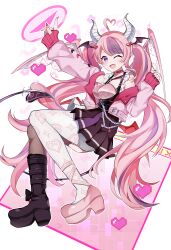  1girl :d ahoge asymmetrical_legwear black_boots black_skirt black_thighhighs boots choker demon_girl demon_horns demon_wings hair_ornament head_wings heart heart_ahoge heart_hair_ornament heart_o-ring heart_ring_choker highres horns ironmouse ironmouse_(15th_costume) jacket long_hair looking_at_viewer mismatched_legwear multicolored_hair multiple_wings o-ring o-ring_choker one_eye_closed pantyhose pink_choker pink_hair pink_jacket pink_shoes pointy_ears purple_hair shoes skirt smile spiked_choker spikes streaked_hair thigh-highs tobio_illust twintails violet_eyes virtual_youtuber vshojo white_horns white_pantyhose wings 